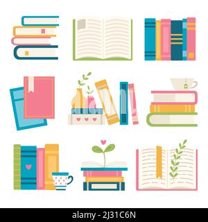 Set of different book objects, cup of tea, vector Stock Vector