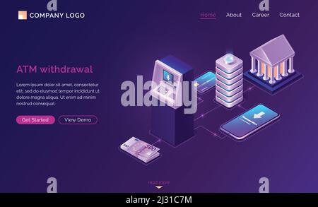 ATM withdrawal isometric concept vector banner. Banking technology, financial apps, cache machine and smartphone, credit card and euro cash money, ban Stock Vector