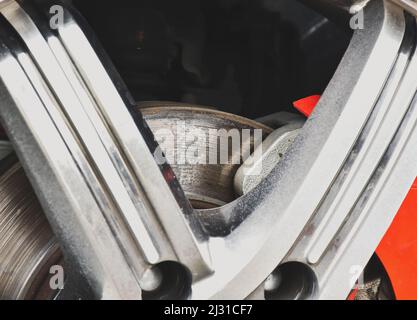 Scratched surface brake disc in the car,close up Stock Photo