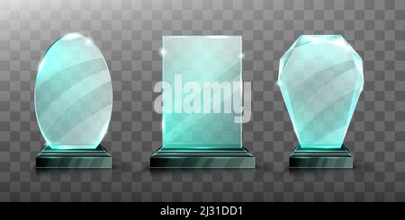 Glass trophy or winner award realistic vector illustration. Transparent crystal plate or blue acrylic frames different shapes on black chrome metal pe Stock Vector