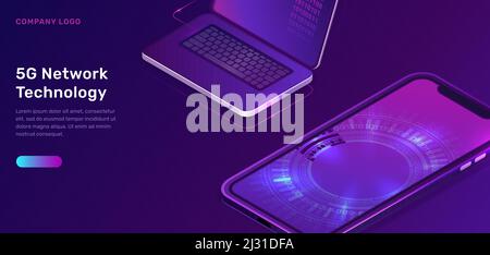 5G network technology, isometric concept vector illustration. Open laptop, mobile phone screen with glowing neon digital circle isolated on ultraviole Stock Vector