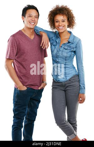 Were in this together. Studio portrait of an affectionate young couple isolated on white. Stock Photo