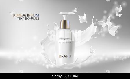 Cosmetic realistic vector shining background with cream. Skin care cosmetics body lotion in white bottle with silver dispenser in milk splash, swirl w Stock Vector