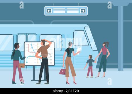 Underground subway station interior with passengers and electric train in tunnel. People standing on railroad platform, walking to carriage flat vector illustration. City infrastructure concept Stock Vector
