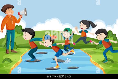 Kids playing red light green light game illustration Stock Vector