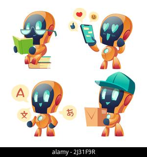 Chatbot set. Ai robot for customer support and online consultation, translation, reading books. Future marketing innovation, artificial intelligence d Stock Vector