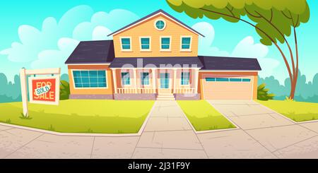 Suburban cottage with sign sold. Residential house with garage for sale. Vector cartoon illustration of village mansion. Real estate purchase, private Stock Vector