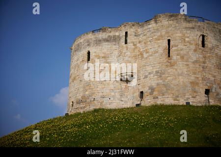 York Castle fortified complex in city of York, England, North Yorkshire  medieval Norman castle commonly referred to as Clifford's Tower Stock Photo