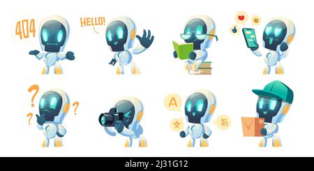 Cute chat bot cartoon vector set illustration. White funny smart conversation robot, assistant make hand gesture waving hello, 404 error message and t Stock Vector