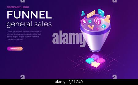 Sales funnel, isometric concept vector illustration. Marketing funnel with data drawn into it for analysis, optimization and sales generation, puzzle Stock Vector