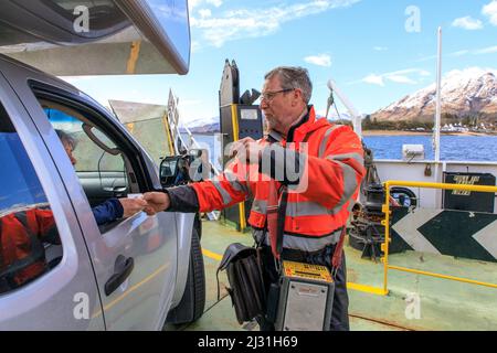 Campervan, motorhome travel, four wheel drive bimobile, Corran ferry crosses Loch Linnhe south of Fort William, Scotland UK Stock Photo