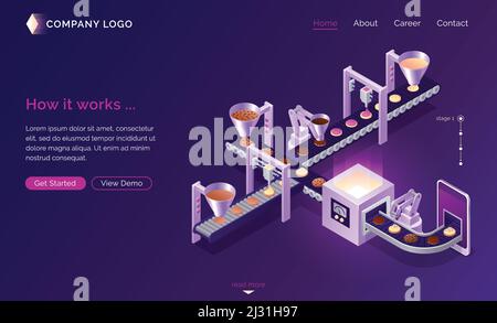 Server cookies technology, isometric concept vector illustration. Conveyor belt with cookies and user device, mobile phone, tablet. Modern web spy tec Stock Vector