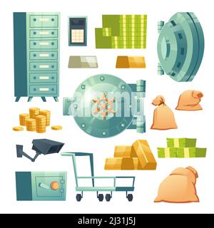 Money cash in bank vault. Vector cartoon icons set of deposit safe boxes, round metal doors, dollar banknotes and coins, gold ingots and push cart. Fi Stock Vector