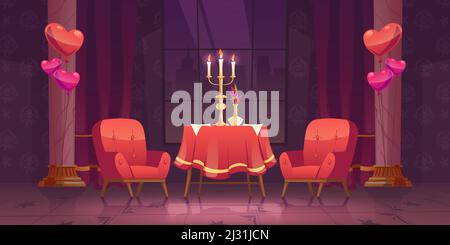 Romantic dinner in Valentines day for couple. Vector cartoon illustration of restaurant room flowers and candles on round table with red cloth, armcha Stock Vector
