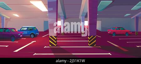 Underground car parking. Basement garage with lots for automobiles, columns, road marking and guiding arrows in corridor. Vector cartoon interior of p Stock Vector