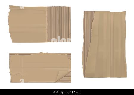 Torn cardboard paper set. Brown ragged ripped sheets pieces with corrugated texture isolated on white background, edge blank mock up for ads design. R Stock Vector