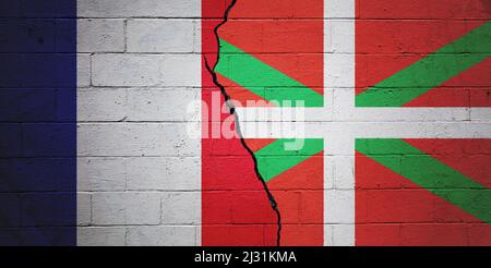 Cracked brick wall painted with a flag of France on the left and a flag of Basque country on the right. Stock Photo