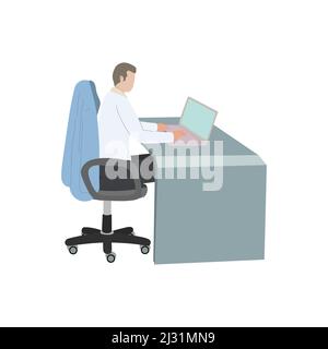 Businessman in a suit looking at the screen and thinking about solving the problem. A man working at a computer in the office. Vector illustration iso Stock Vector
