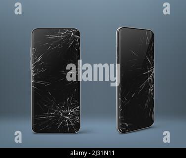 Mobile phone with broken screen set front and side view, smashed smartphone, shattered electronics device with black touchscreen covered with scratche Stock Vector