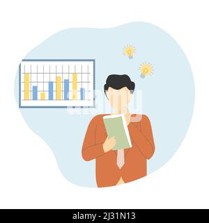 Business man having creative idea. Business man standing with idea light bulb above his head. Flat design vector illustration Stock Vector
