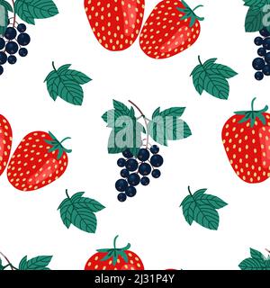 Ripe black currants and strawberries seamless pattern. Sprig of black currant. Vitamin berries. Vector illustration. Fruit print Stock Vector