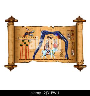 Ancient Egypt papyrus scroll cartoon vector with hieroglyphs and Egyptian culture religious symbols, Ra sits on cow back, over it in form of night sky Stock Vector