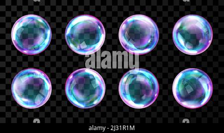 Soap bubbles, realistic transparent air spheres of rainbow colors with reflections and highlights isolated on checkered background, set of vector illu Stock Vector