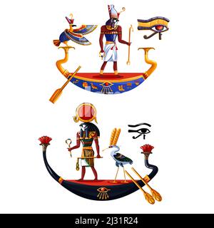 Ancient Egypt sun god Ra or Horus cartoon vector illustration. Egyptian culture religious symbols, ancient god-falcon in night and day boats, sacred b Stock Vector