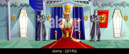 Castle room vector cartoon illustration. Ballroom interior in medieval palace with king in golden crown on royal throne, armed knights in metal armor, Stock Vector