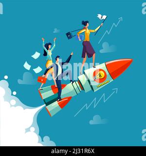Businesswoman flying on rocket on background of sky, clouds and growth ...