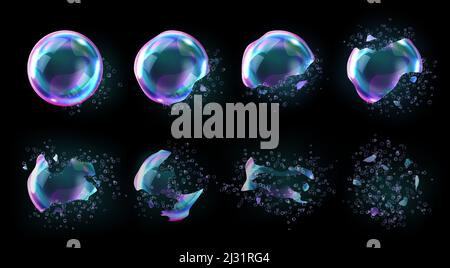 Bursting soap bubbles process stages, realistic transparent exploding air spheres of rainbow colors with reflections and highlights, isolated on check Stock Vector