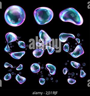 Bursting soap bubbles process stages, realistic transparent air spheres of rainbow colors with reflections and highlights deform and explode from blow Stock Vector