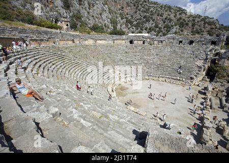 Antiqe amphitheater at the rock tombs of Myra, Demre, Anatolia, ancient Lycia Region, Turkey, Mediterranean Sea Stock Photo