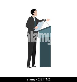 Orator. Silhouette protruding speaker with wide beautiful hand gestures stands behind a podium with microphones. Presentation and performance before a Stock Vector
