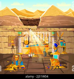 Ancient Egypt pharaoh lost tomb, underground cartoon vector illustration. Archeological excavations, treasures hunting concept. Desert, dug sand and s Stock Vector