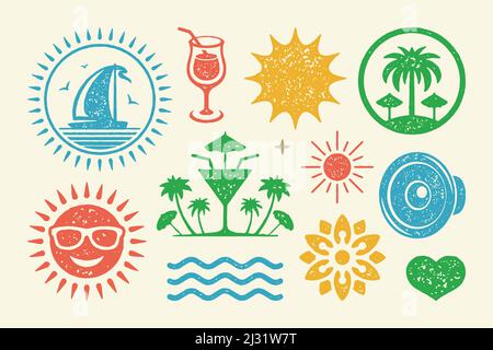 Summer symbols and objects set vector illustration. Tropical island with palm trees and sea waves. Audio speaker with smiling sun in sunglasses and fl Stock Vector