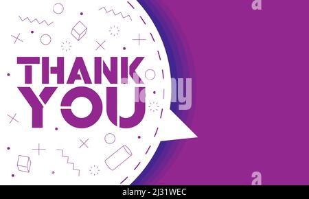 Thank You phrase in white speech bubble with purple geometric shapes and background. Trendy Abstract Banner, Label Design. Stock Vector
