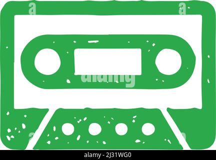 Monochrome simple hand drawn logo green audio cassette with magnetic tape for listening and recording music grunge texture vector illustration. Plasti Stock Vector