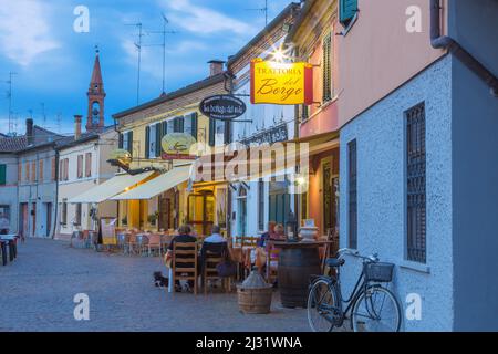 Comacchio; Via LA Muratori, seafood restaurants Stock Photo