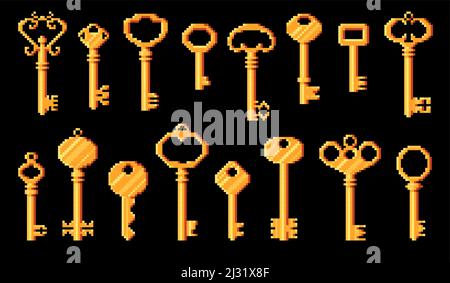Vintage and modern keys in pixel art, 8bit game vector icons of door keys. 8 bit pixel cubic golden keys from castle door gates for game assets to unlock entrance or level pass Stock Vector