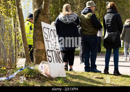 protesters demonstrating outside of walleys quarry waste landfill site Silverdale because of the rotten smell hence 'stop the stink' campaign Stock Photo