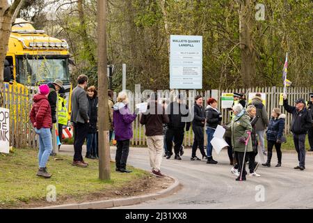 protesters demonstrating outside of walleys quarry waste landfill site Silverdale because of the rotten smell hence 'stop the stink' campaign Stock Photo