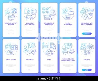 Online workplace blue gradient onboarding mobile app screen set Stock Vector