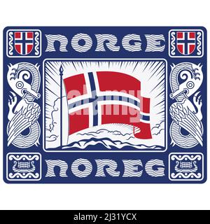 Scandinavian style design. Norway flag in the rays of the rising sun, decorative frame with dragons in the Old Norse style, isolated on white, vector Stock Vector