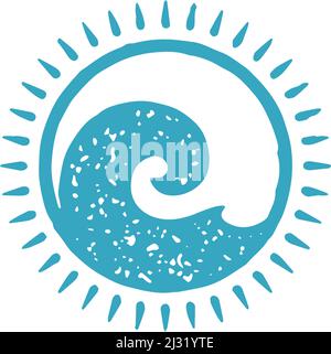 Monochrome blue sea wave circle contoured hand drawn ornamental logotype grunge texture vector illustration. Simple pure ocean aqua decorative design Stock Vector