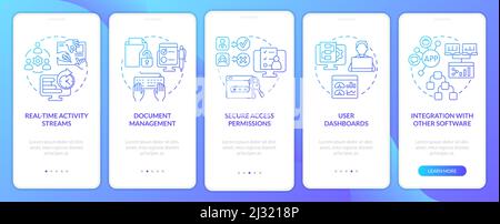 Features of online office blue gradient onboarding mobile app screen Stock Vector