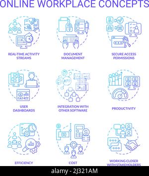 Online workplace blue gradient concept icons set Stock Vector