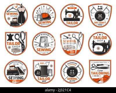 Tailoring and sewing industry icons, tailor shop or dressmaking atelier vector retro symbols. Dressmaker seamstress salon, handicraft tailoring workshop, clothes sewing studio icons Stock Vector