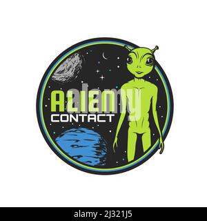 Alien contact icon, martian UFO and space paranormal activity vector badge. Alien abduction zone 51 emblem with green ET humanoid, conspiracy theory and galaxy experiments symbol Stock Vector