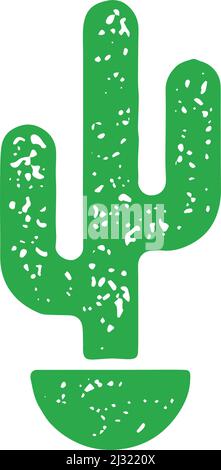 Traditional wild Mexican desert cactus in bowl pot monochrome green grunge texture vector illustration. Simple tropical plant covered by needles summe Stock Vector